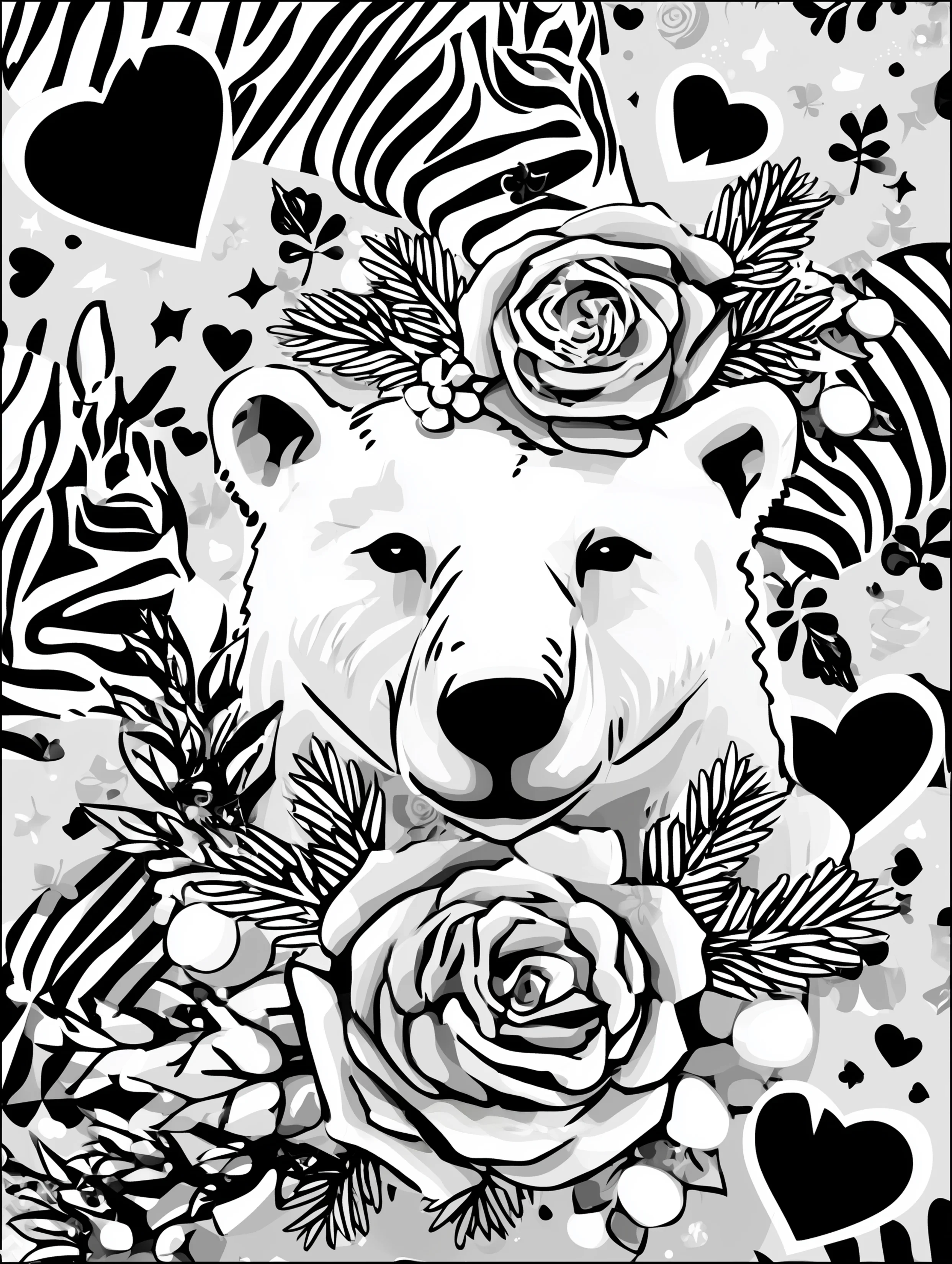 Free printable bear coloring book page featuring a polar bear with flowers